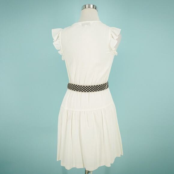 Trina Turk Size 2 White Button Flutter Sleeve Fit Flare Belted Cotton Dress - Picture 3 of 6